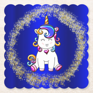 Colourful Glitter Unicorn Blue Paper Coaster