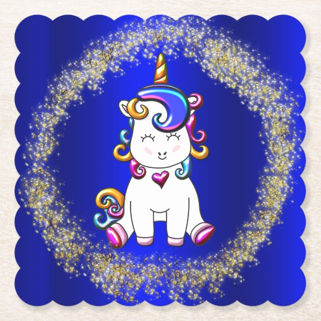 Colourful Glitter Unicorn Blue Paper Coaster (Front)