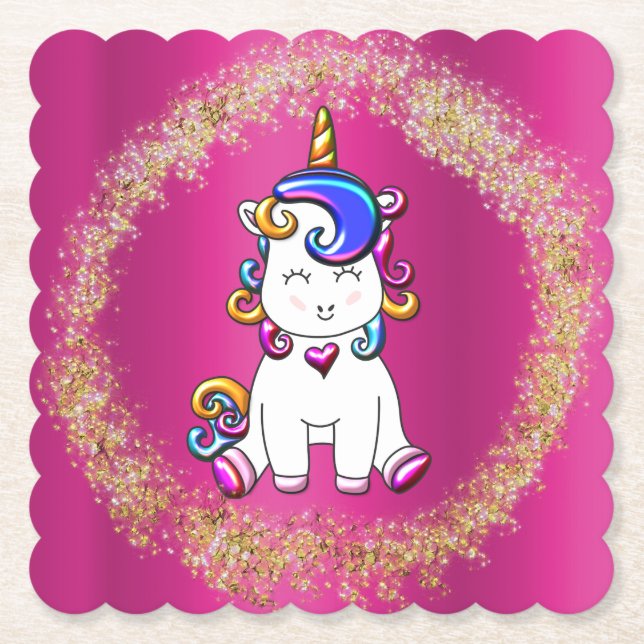 Colourful Glitter Unicorn Pink Paper Coaster (Front)
