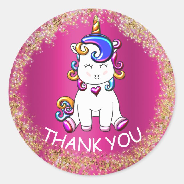 Colourful Glitter Unicorn Pink Thank You Classic Round Sticker (Front)