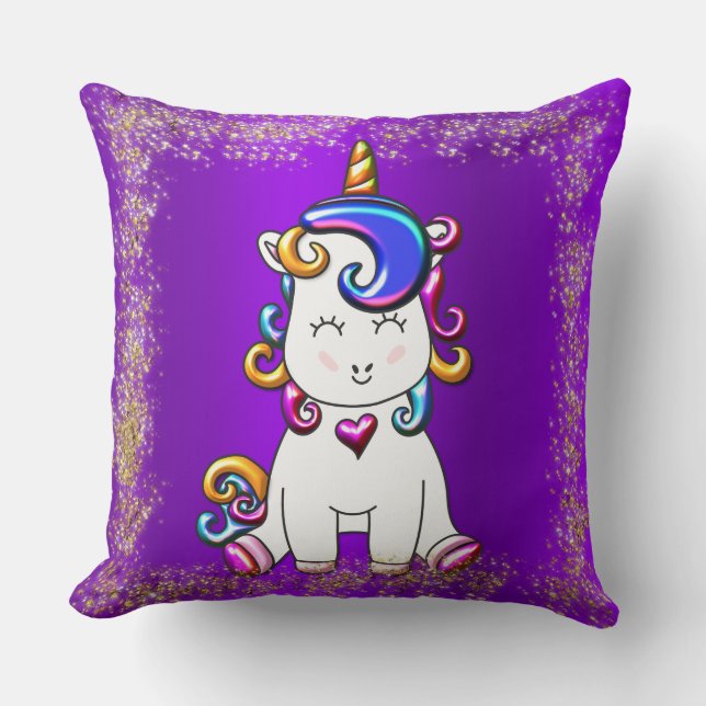 Colourful Glitter Unicorn Purple Cushion (Front)