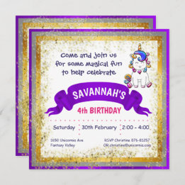 Colourful Glitter Unicorn Purple Invitation
