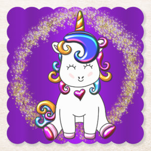 Colourful Glitter Unicorn Purple Paper Coaster