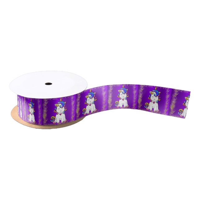 Colourful Glitter Unicorn Purple Satin Ribbon (Spool)