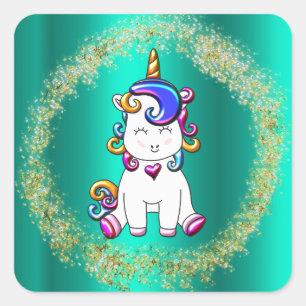 Colourful Glitter Unicorns Teal Square Sticker