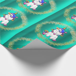 Colourful Glitter Unicorns Teal Wrapping Paper