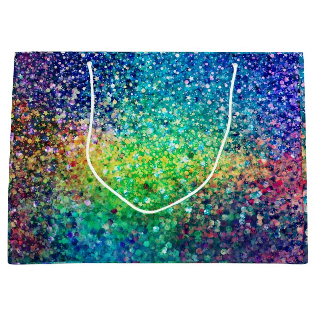 Colourful glitter & white sparkles texture print large gift bag (Front)