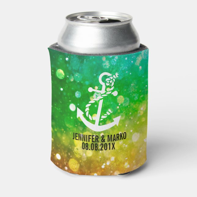 Colourful Glitter With Nautical Boat Anchor Can Cooler (Can Back)