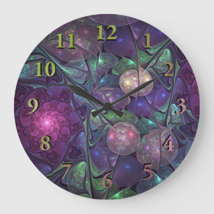 Colourful Glittering Modern Abstract Fractal Art Large Clock