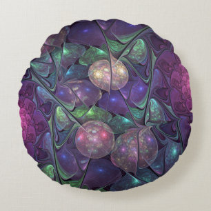 Colourful Glittering Modern Abstract Fractal Art Round Cushion