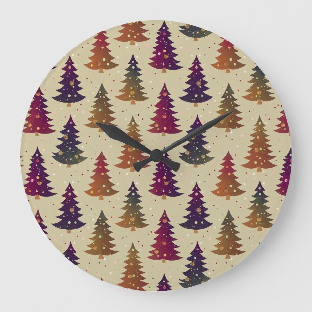 Colourful Glittery Christmas Tree Repeating Patter Large Clock (Front)