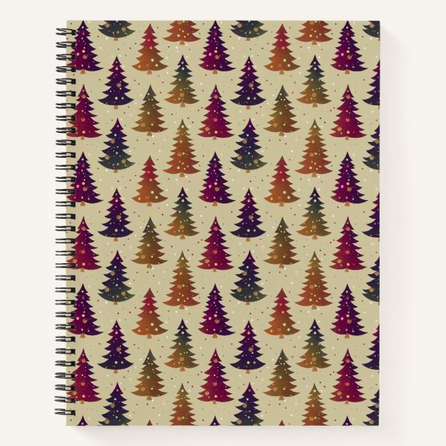 Colourful Glittery Christmas Tree Repeating Patter Notebook (Front)