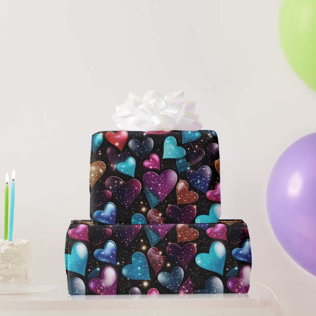 Colourful glittery hearts pattern wrapping paper (Party Gifts)