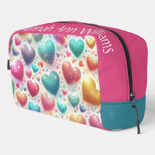 Colourful Glittery Hearts Personalised  Dopp Kit (Right Corner)