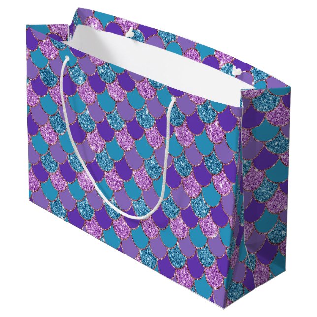 Colourful glittery mermaid scales pattern large gift bag (Back Angled)