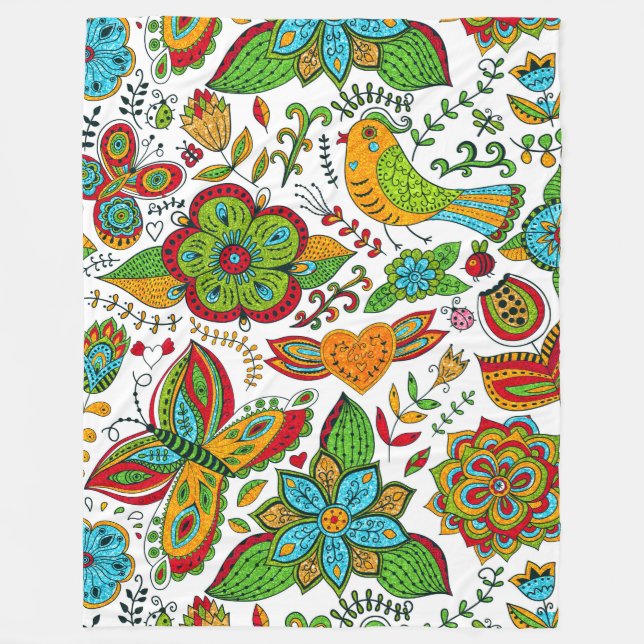 Colourful Glittery Retro Flowers Butterflies & Bir Fleece Blanket (Front)