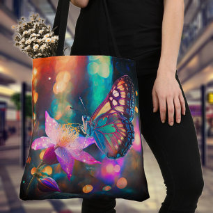 Colourful Glowing Butterfly And Columbine Flower Tote Bag