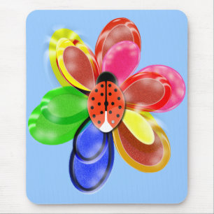 colourful glowing  flower with cute ladybug pad mouse mat