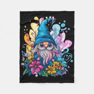Colourful Gnome Surrounded By Vibrant Flowers Fleece Blanket