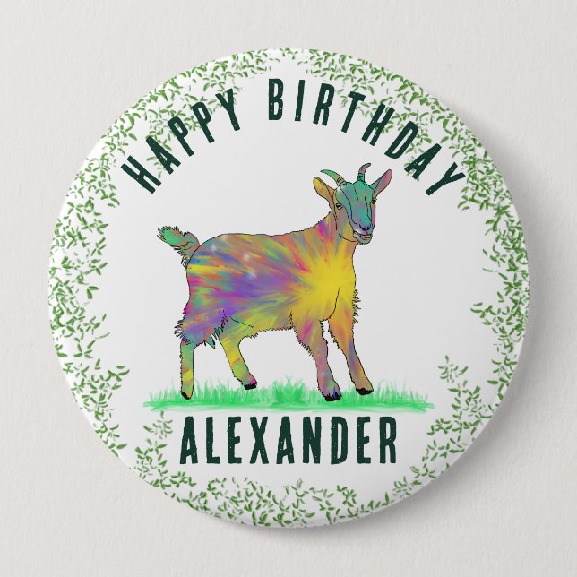 Colourful Goat Add Name Happy Birthday 10 Cm Round Badge (Front)