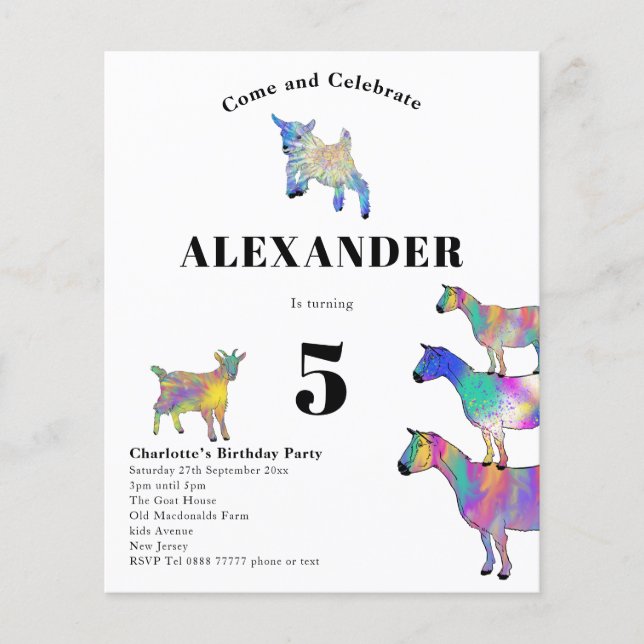 Colourful Goat Birthday Party Budget Flyer (Front)