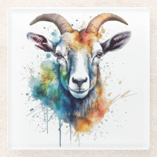 colourful goat head painted in water colour glass coaster