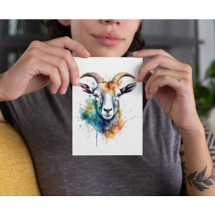 colourful goat head painted in watercolor postcard