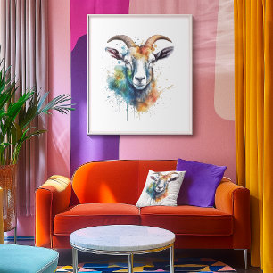 colourful goat head painted in watercolor poster
