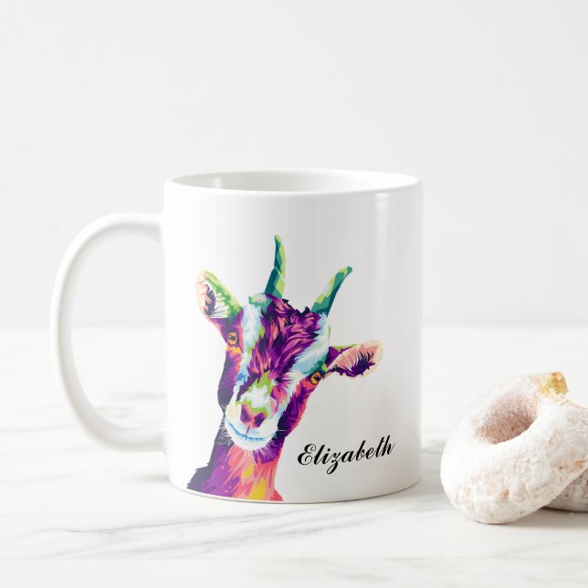 Colourful Goat Pop Art Personalised Coffee Mug (With Donut)