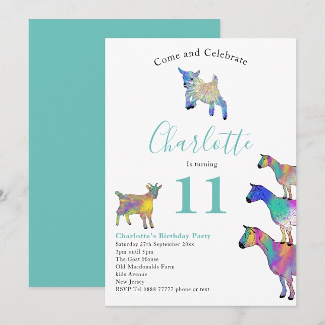Colourful Goats Birthday Party Invitation (Front/Back)