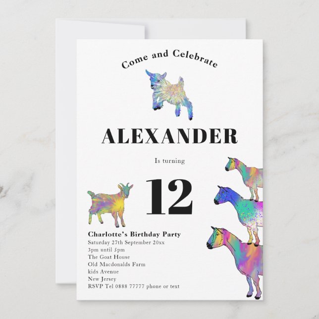 Colourful Goats Watercolor 12th Birthday Party Invitation (Front)