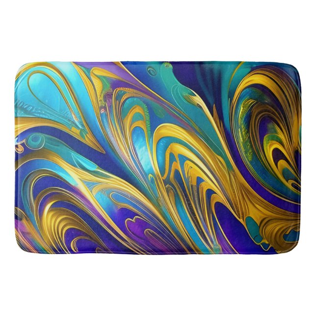 Colourful Gold Abstract Blue Purple Ribbons Bath Mat (Front)