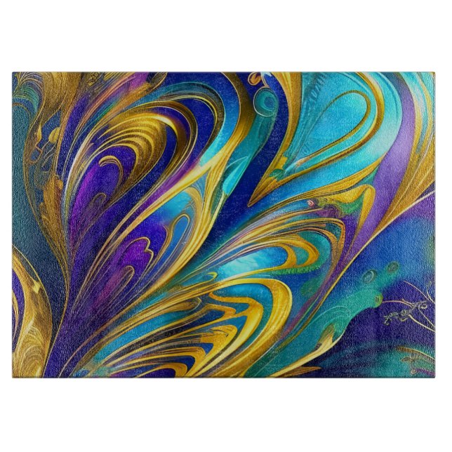 Colourful Gold Abstract Blue Purple Ribbons Cutting Board (Front)