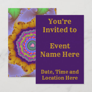 Colourful Gold and Purple Fractal Birthday Invitation