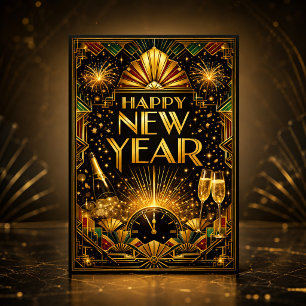 Colourful Gold Art Deco Happy New Year Holiday Card