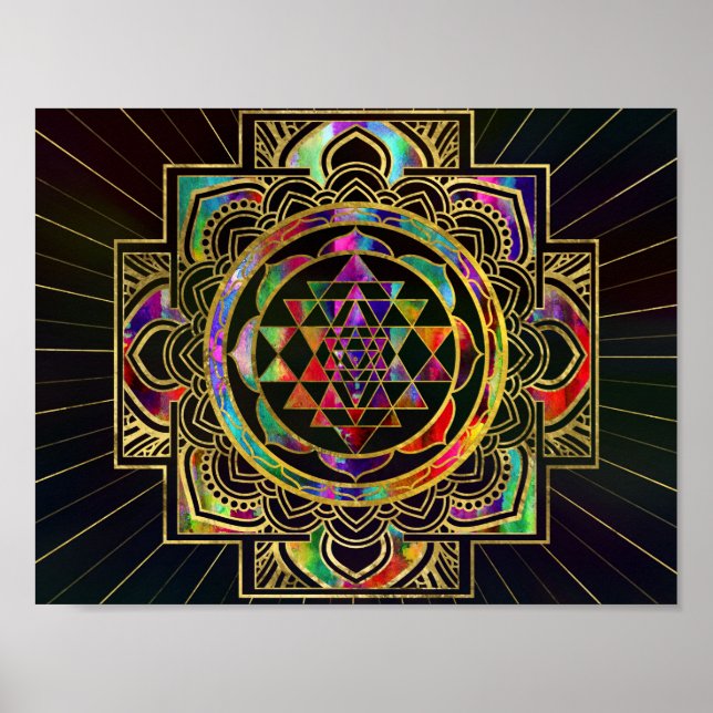 Colourful Gold framed Sri Yantra Sri Chakra Poster (Front)