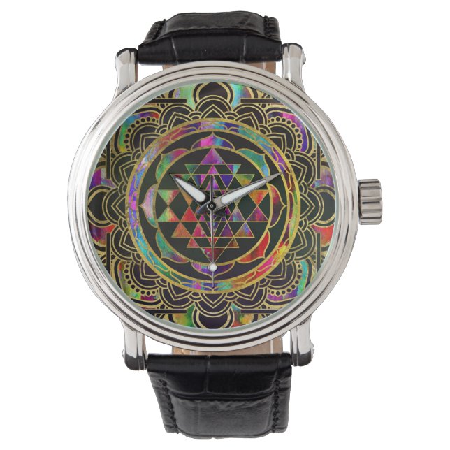 Colourful Gold framed Sri Yantra Sri Chakra Watch (Front)