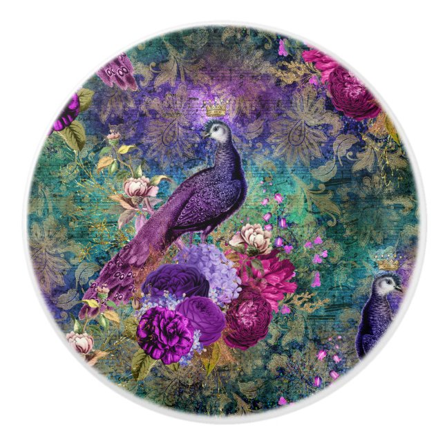 Colourful Gold Rainbow Peacock Ceramic Knob (Front)