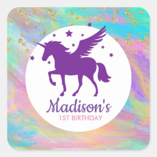 Colourful Gold Speckled Purple Unicorn Birthday Square Sticker