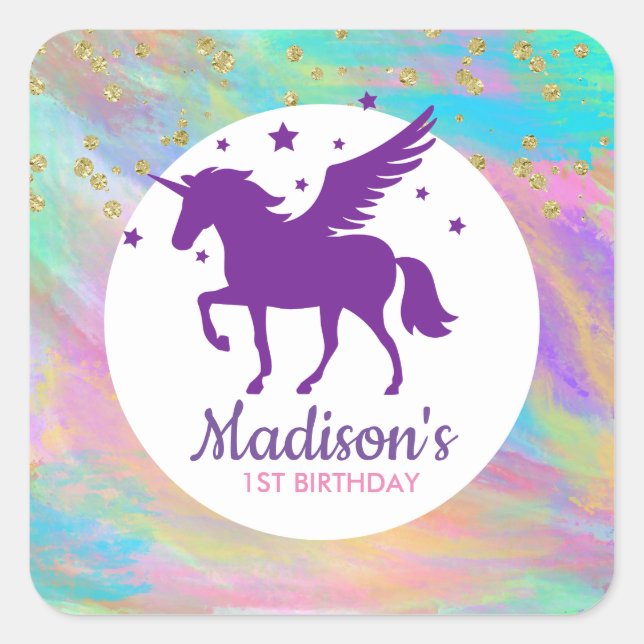 Colourful Gold Speckled Purple Unicorn Birthday Square Sticker (Front)