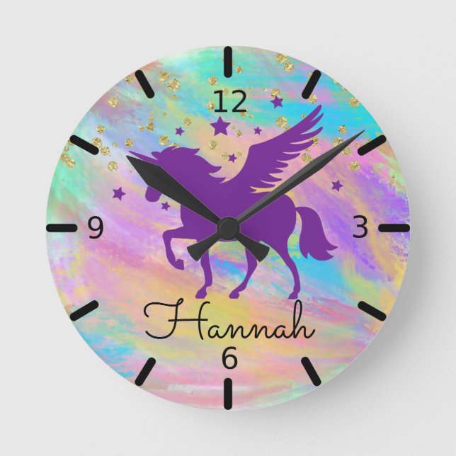 Colourful Gold Speckled Purple Unicorn Round Clock (Front)