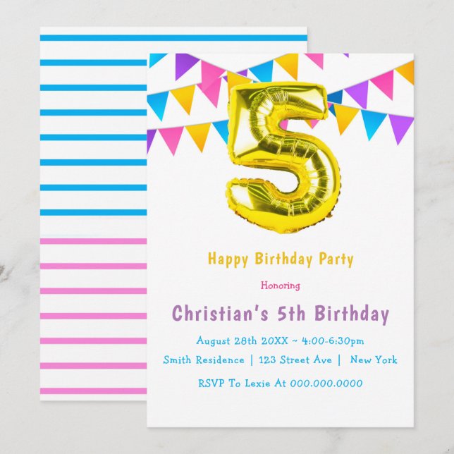 Colourful Golden 5th Birthday Invitations (Front/Back)