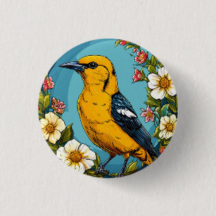 Colourful Golden oriole Bird Amid Blooming Flowers 3 Cm Round Badge