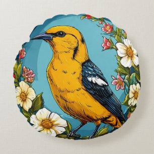 Colourful Golden oriole Bird Amid Blooming Flowers Round Cushion