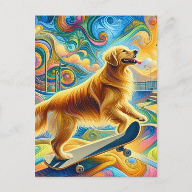 Colourful Golden Retriever Skateboarding  Postcard (Front)
