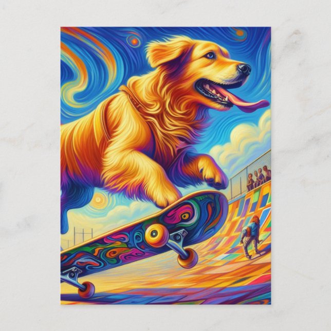 Colourful Golden Retriever Skateboarding  Postcard (Front)