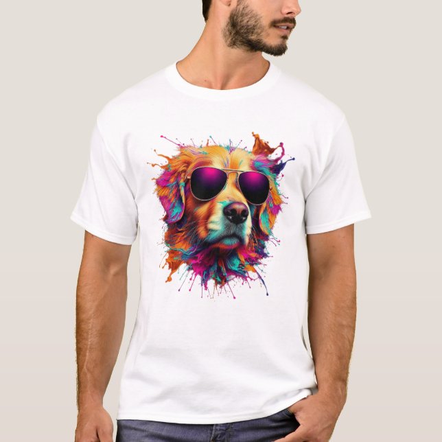 Colourful golden retriever with sunglasses. T-Shirt (Front)