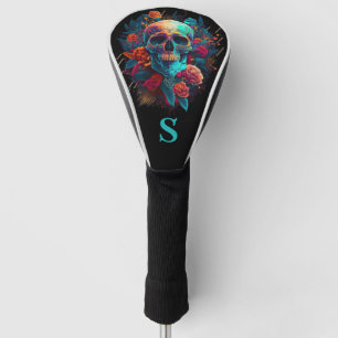 Colourful Gothic Rose Sugar Skull Monogram Golf Head Cover
