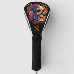 Colourful Gothic Rose Sugar Skull Monogram Golf Head Cover