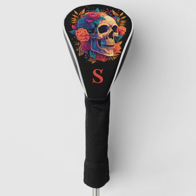 Colourful Gothic Rose Sugar Skull Monogram Golf Head Cover (Front)